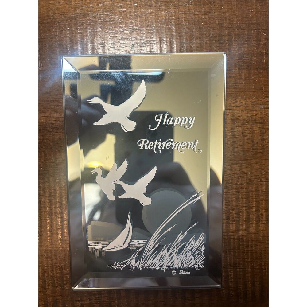 Dacra Glass Co Mirror Retirement Plaque 4x6 Ducks Sailboat Vintage Etched Glass